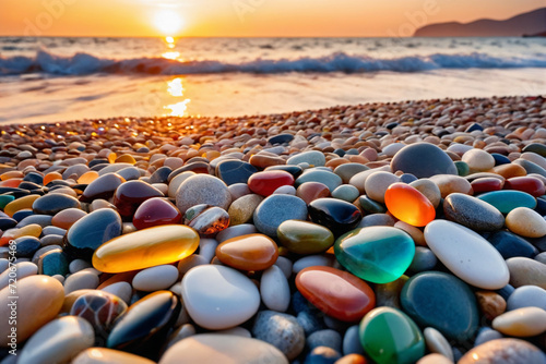 Close-up shot of multicolored sea polished stones, rolled pebbles on the seashore texture gems, ocean in the background, sunset - Beauty in nature