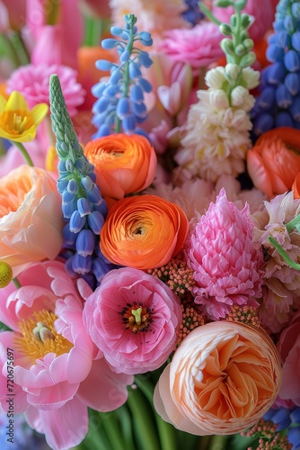A vibrant assortment of flowers arranged in a vase, showcasing a burst of colors and various floral shapes.