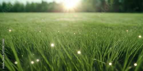 A spacious field of green grass on a sunny clear day. Green lawn with fresh grass with blurred background.