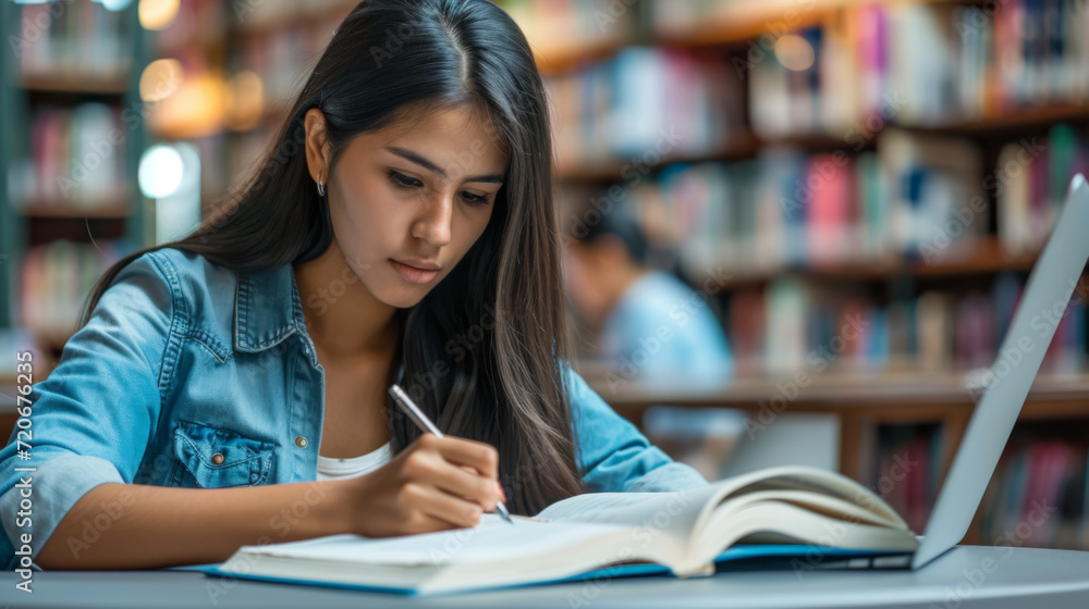 focused young woman studying in a library, writing notes from a laptop into a book focused young woman studying in a library, writing notes from a laptop into a book