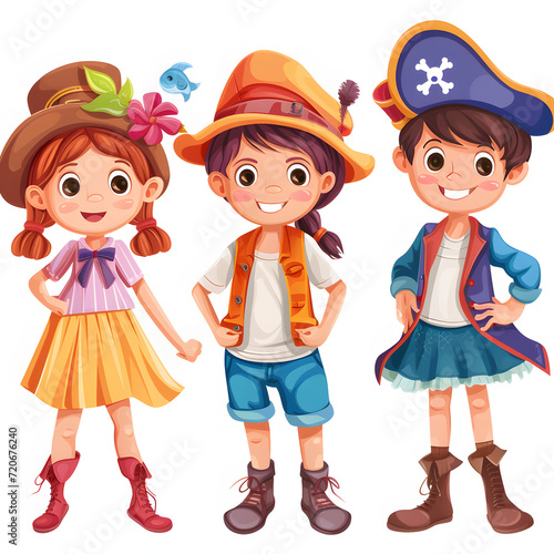 Kids playing dress-up isolated on white background, flat design, png

