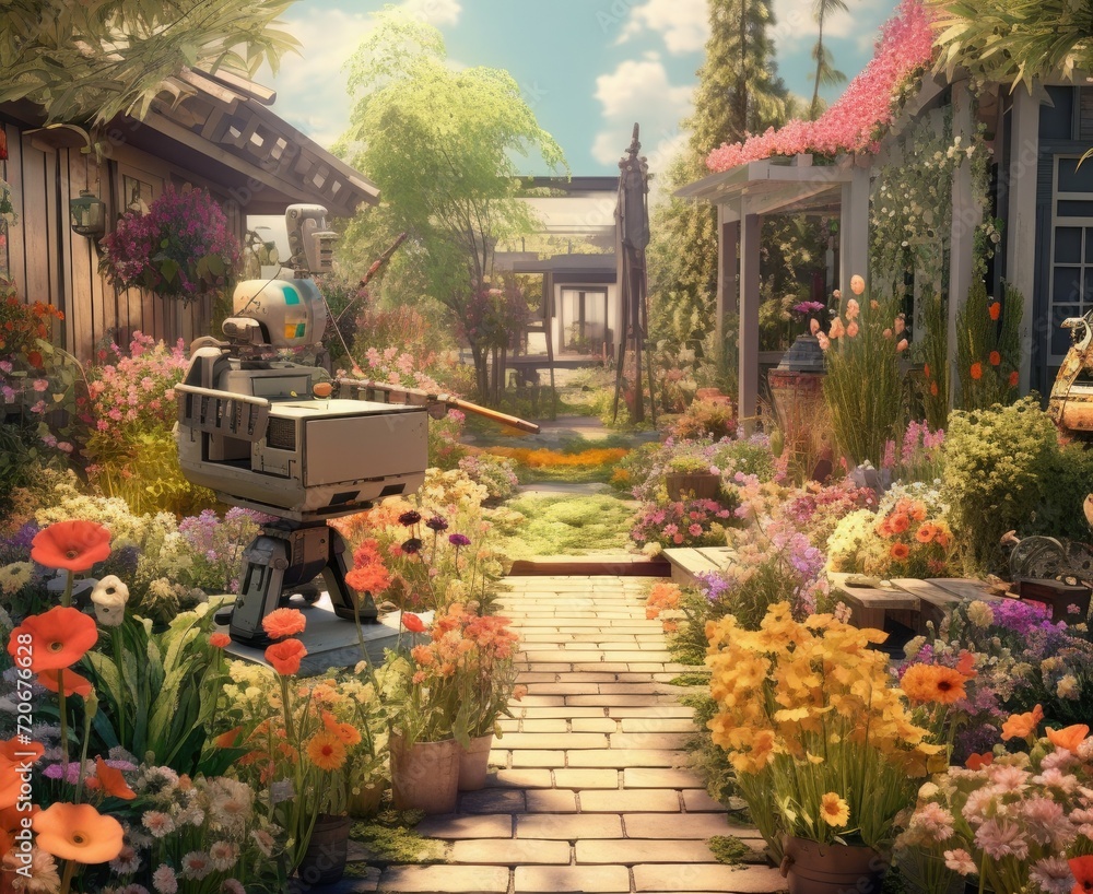 Behold the artistry of AI in this stunning image—a garden in full bloom with spring flowers and carefully arranged gardening tools.Generated with AI.