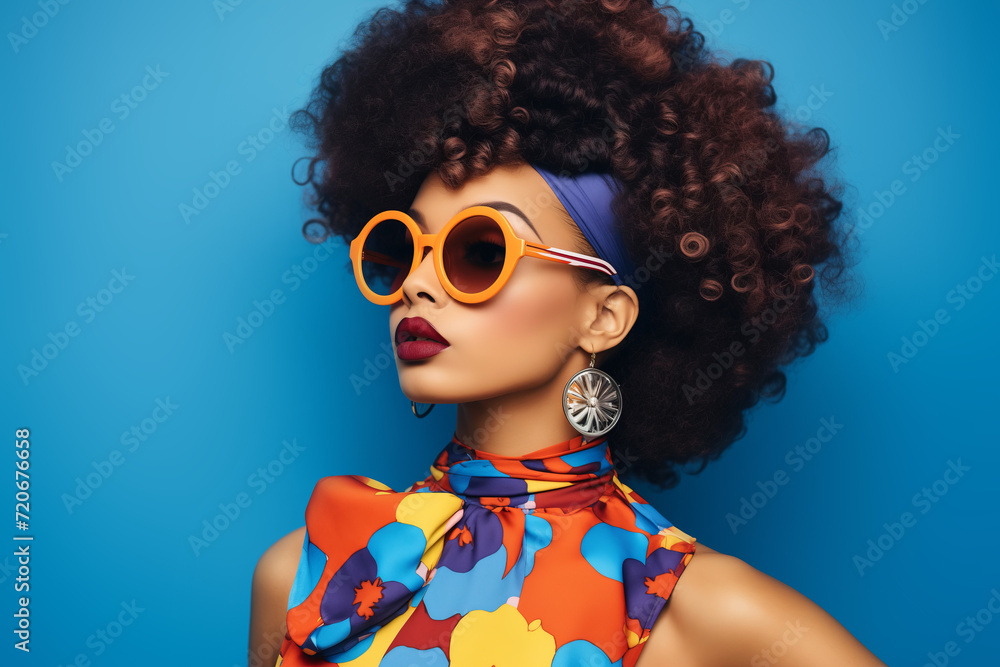 Retro Vivacity, Curly-Haired Woman with Bold Orange Sunglasses and Floral Scarf