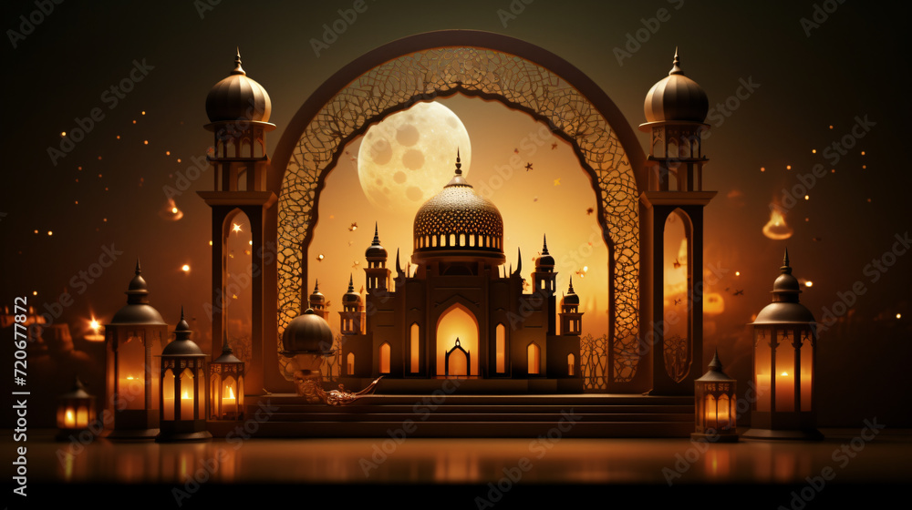 3D illustration of Ramadan Kareem scene with an Islamic mosque lantern adorned with intricate details. Generative AI