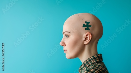 A Mind in Pieces: How mental health and Alzheimer’s erode our sense of self. The missing puzzle piece from the brain shows the loss of memory and personality. The red and grey colors convey isolation 