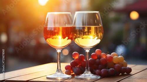 Two Glasses of Red Wine, Fresh Grapes on Wooden Plate at Summer Sunset Outdoors, Banner Size