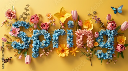 A vibrant composition featuring a word SPRING formed with colorful flowers and surrounded by fluttering butterflies, set against a bright yellow background.