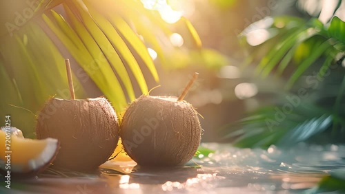 coconut cocktail on tropical holiday background. beach, white sand, king coconut and sea view, coconut cocktail, fresh coconut sunlight sparkling mp4 photo