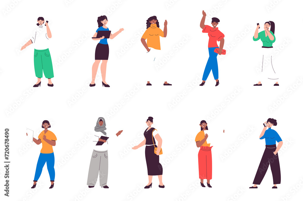 Businesswoman people set in flat design. Happy women making business calls, doing tasks, negotiation in office. Bundle of diverse multiracial characters. Illustration isolated persons for web