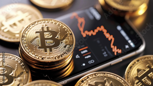 Concept of investing in cryptocurrencies and bitcoins. Close-up of a virtual coin near a phone with graphs. Trading on the cryptocurrency exchange. Bitcoin rise and fall chart. photo