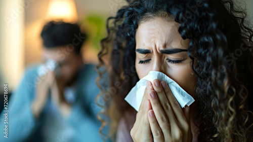 woman and a man in the background are both blowing their noses into tissues photo