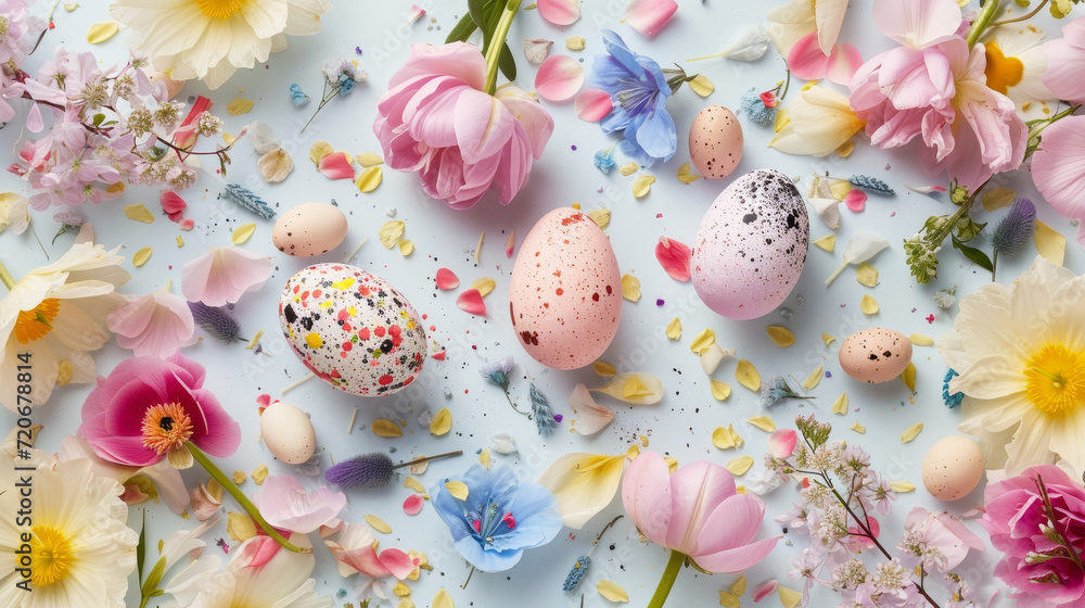 Pastel Easter Eggs Amongst a Variety of Spring Flowers, banner