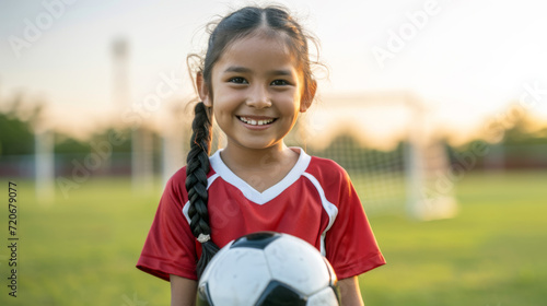 happy young girl with braided hair, holding a soccer ball, wearing a red sports jersey, with a soccer goal in the background, likely on a playing field