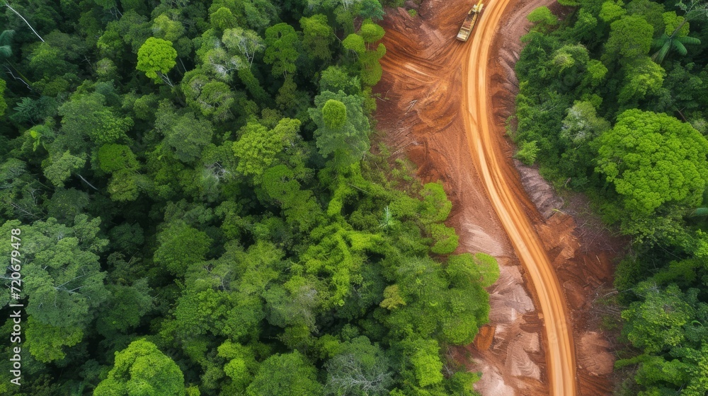 Goldie, sandy coloured logger's  road cut through a, serene untouched rainforest. A visual journey into the heart of conservation and biodiversity, captured in every lush detail