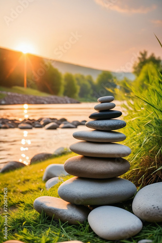 Zen stones on the grass near a river, blurred background, warm sunset light