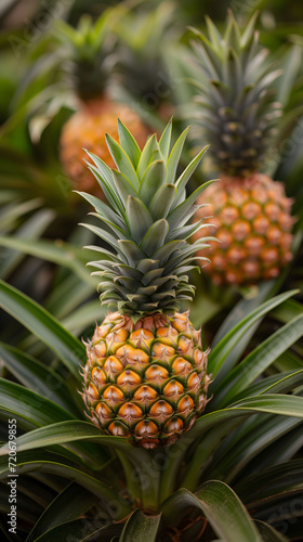 Young pineapples growing with pointy leaves