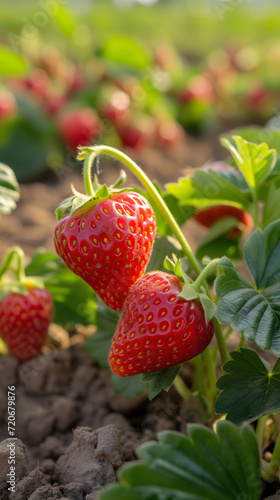 Ripe strawberries gleaming in the field