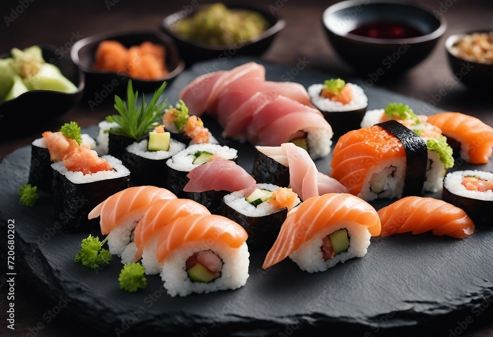 Sushi Set sashimi and sushi rolls served on stone slate Sushi Set sashimi and sushi rolls served on stone slate