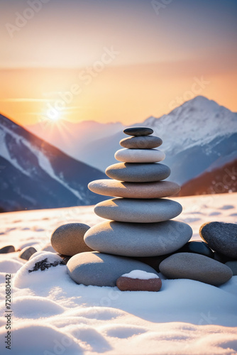 Zen stones on the snow, mountain, blurred background, warm sunset light
