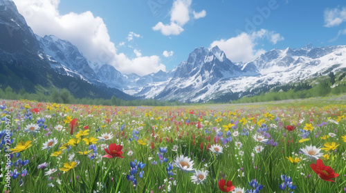 A tranquil alpine meadow teeming with vibrant wildflowers, towering snow-capped hills in the background. 