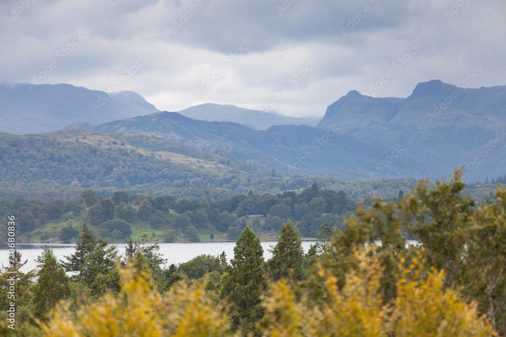 View across Windermere towards the Langdale Valley (Langdale Pikes, Crinkle Crags and Bowfell), Lake District, UK