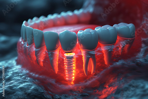 Dental implant, teeth model for dentist studying dentistry, dentistry learning teaching model showing teeth, roots, gums, gum disease, tooth decay and plaque. photo