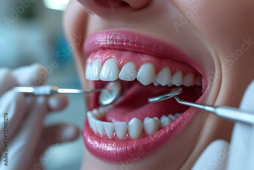 dental health and orthodontist, medical concepts. Girl having teeth examined at dentists.
