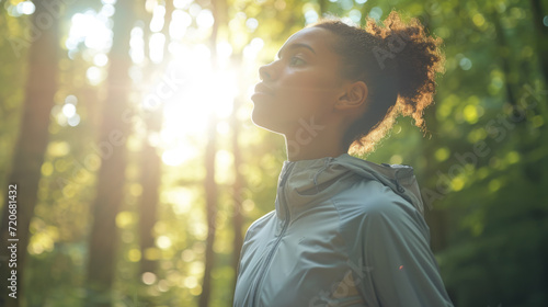 woman with her eyes closed, enjoying a moment of tranquility in a forest bathed in warm sunlight