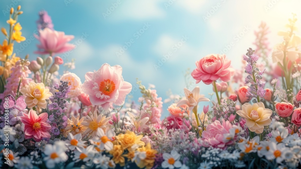 A collection of vibrant flowers arranged on blue sky background A collection of vibrant flowers arranged on blue sky background