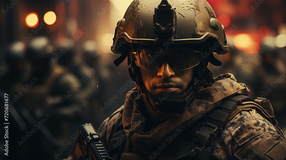 Portrait of an American soldier in combat uniform during a battle Portrait of an American soldier in combat uniform during a battle