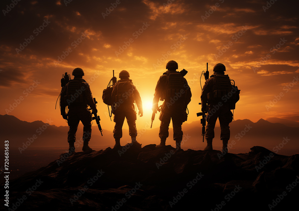 Silhouette of a group of Soldiers at sunset