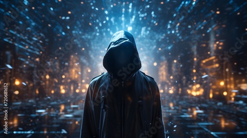 Anonymous hacker, surrounded by a network of glowing data