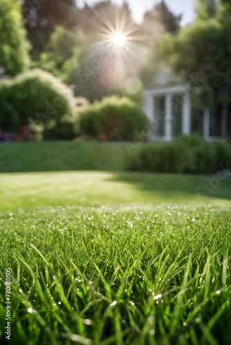 Green lawn with fresh grass outdoors. Mowed lawn with a blurred background of a well-groomed area on a sunny day.