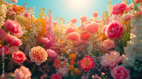 Lush garden of vibrant flowers basking in golden sunlight. © AI Exclusive 