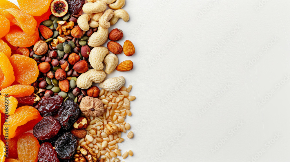 Different dried fruits and nuts on white background, top view, copy space Different dried fruits and nuts on white background, top view, copy space