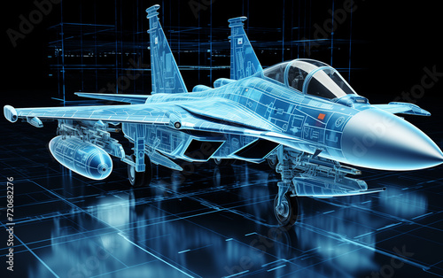 Wireframe view of an air force fighter isolated on a black background photo