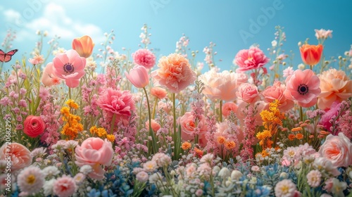 Lush garden of vibrant flowers on blue sky background
