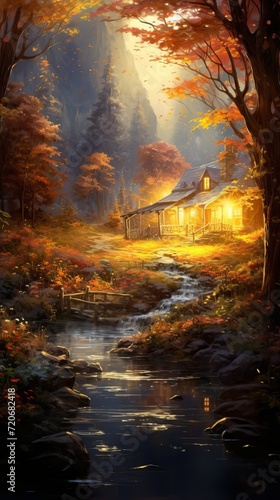 autumn light wallpaper, in the style of colorful fantasy realism, 32k uhd, poured, scattered composition, beautiful, nature scenes