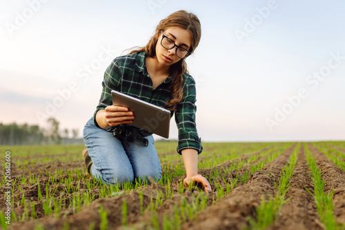 Farmer woman checks young sprouts the quality  with a digital tablet.  Smart farm. Technologies in farming. © maxbelchenko
