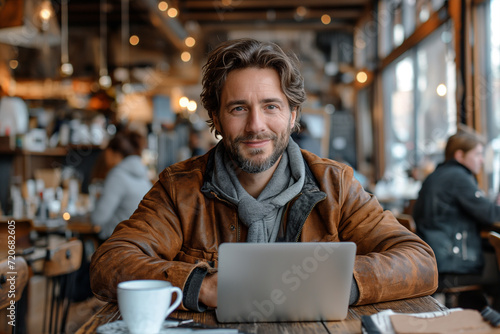 Smiling businessman with coffee cup and laptop