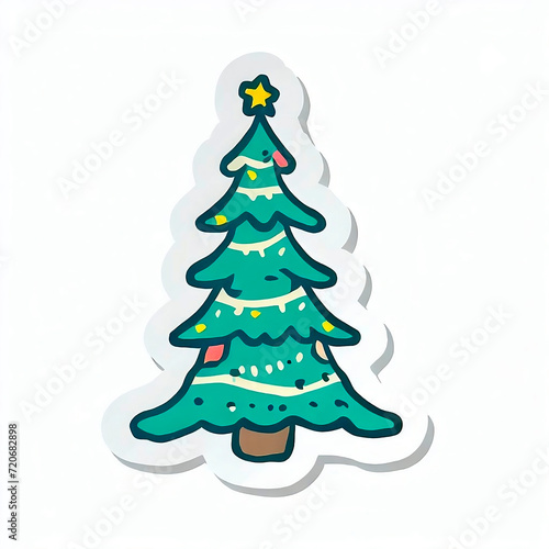 christmas tree sticker, 2D, green fluffy trees, christmas, digital art, white background