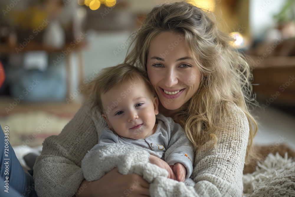 The blonde holds a baby boy in her arms, sitting The blonde holds a baby boy in her arms, sitting