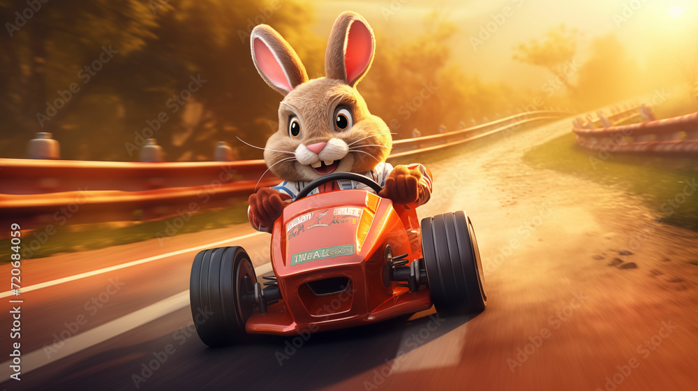 A Cute Rabbit Confidently Drives A Tiny Toy Car Along A Winding Road