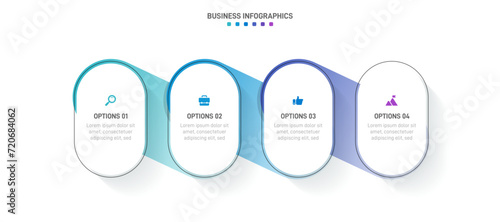 Timeline infographic with infochart. Modern presentation template with 4 spets for business process. Website template on white background for concept modern design. Horizontal layout.