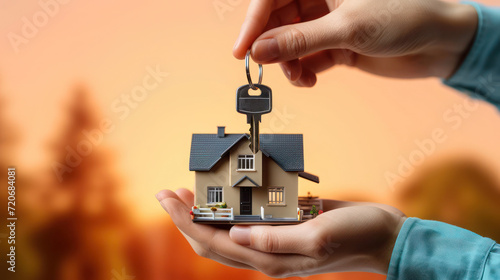 Turnkey real estate sale illustrated in macro format with one hand holding the house and the other hand holding the key