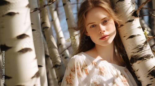Beautiful model looking young woman in a birch tree grove on a beautiful sunny spring day. AI Generated
