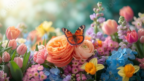 Butterfly Perched on a Bouquet of Spring Blooms. Lush Garden of Blooming Rose ranunculus in Soft Morning Light. Floral spring wallpaper background photo
