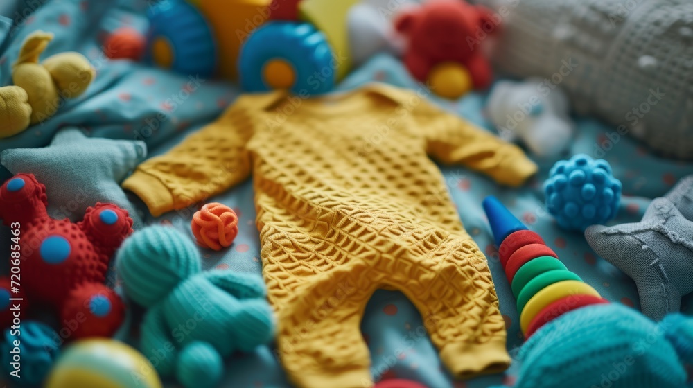 Assorted Baby Toys and Clothes on Bed