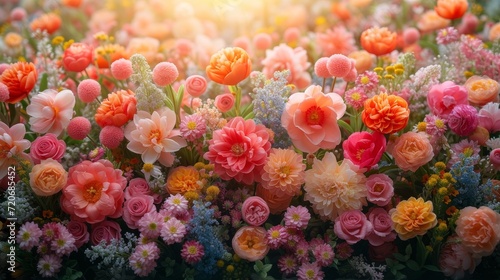 Lush Garden of Blooming Roses in Soft Morning Light. Floral spring wallpaper background