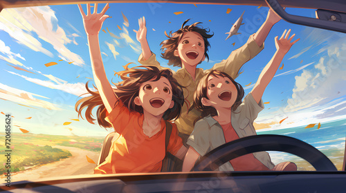 Anime Style Illustration: Young People Joyfully Riding in Open Car on Summer Vacation, Expressing Excitement and Happiness with Wind in Hair, Speed, and Adventure © Baron Von Fedorov